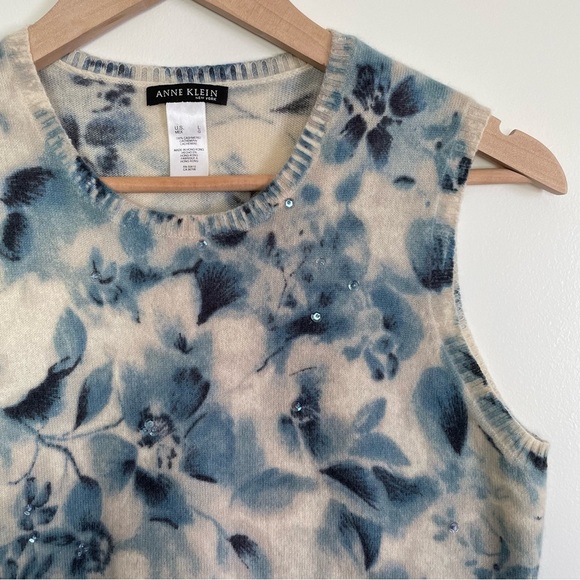 Anne Klein 100% Pure Cashmere 2pc Sweater Set Blue Floral 3/4 Sleeves Size L - Picture 12 of 17